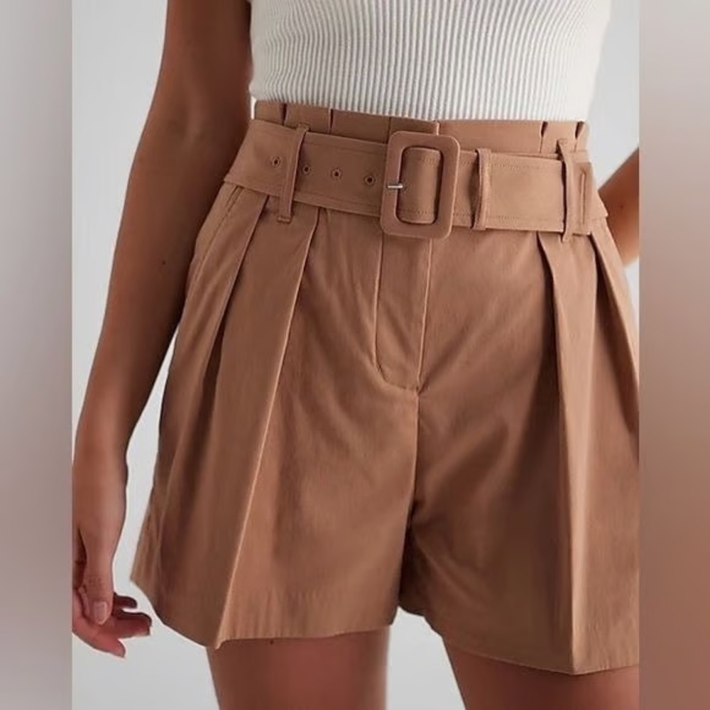 Women’s Express High Rise Paperbag Belted Shorts in Camel